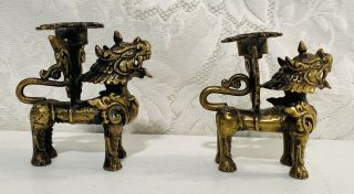 Vintage Brass Pair Oriental Foo Dog Lion Set Candle Holders Tibetan Nepalese