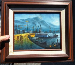 Vintage Old Oil Painting Nautical Art Ship Boat Coastal Landscape Signed Allison