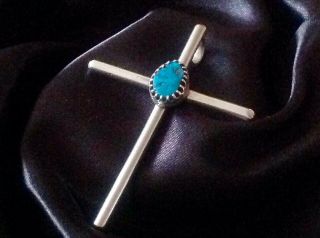 Vintage Large Native American Sterling Silver Turquoise Cross Pendant.  Signed