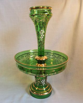 Antique Moser Emerald Green Art Glass Enameled Victorian Epergne Vase