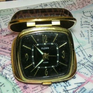 Vintage Florn Travel / Desk Alarm Clock Hard Brown Case Germany