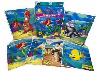 Vintage Little Mermaid Sewing Cards Disney 1991 6 Cards W Box Yarn Rose Art Usa