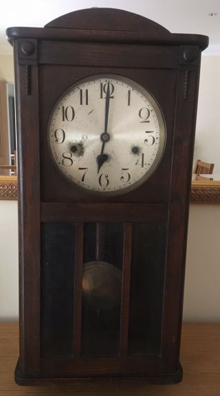 Antique Early 20th Century Oak Wall Clock With Brass Pendulum And Key