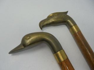 2 Vintage Brass Handle Wooden Walking Sticks Eagle& Duck Heads 35 " High Gc (os)