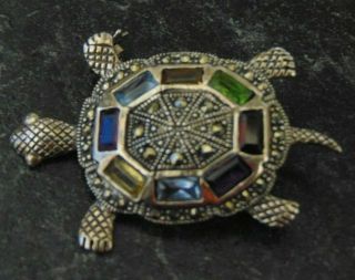 Vintage Sterling Silver Marcasite/semi Precious Stones Turtle Brooch Boxed