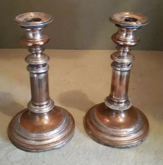 Antique Victorian Silver Plated On Copper Candlesticks 20.  5 Cms Tall X 12 Cms