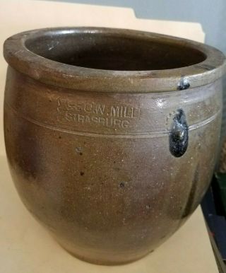 Antique Vintage Geo.  W.  Miller Stoneware Pottery Crock Strasburg Va 3