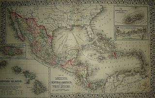 Vintage 1873 Mexico - Central America - Caribbean Map Old Antique &