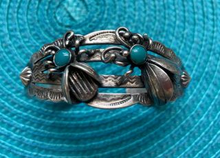 Vintage Mexican Silver Cuff Bracelet With Ladybug Motif And Turquoise