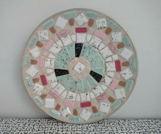 50s 60s Vintage Retro Kitsch Pink Coloured Pottery Mosaic Tile Dish Bowl Round