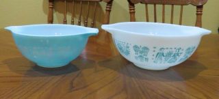 Vintage Pyrex Amish Butterprint Turquoise White Cinderella Mixing Bowls 442 443
