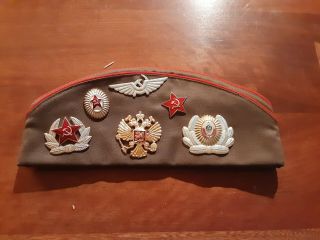 Vtg Russian Soviet Union Military Cap Army Pilotka Hat USSR Patches Pins Ebmlems 2