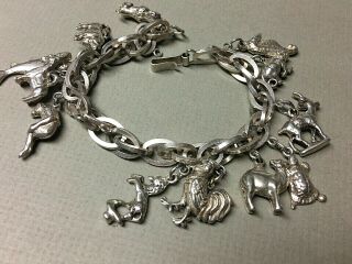 Vintage Mexican Silver Charm Bracelet 12 - Animal Charms - Marked Mexico & Sterling
