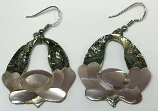 Vintage Sterling Silver Dangling Pink Mother Of Pearl & Abalone Inlay Earrings