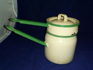 Vintage Yellow & Green Enamel Double Boiler Pot Pan With Lid