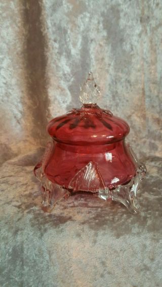 Antique BOHEMIAN Cranberry & Clear Glass DRESSER JAR BOX Footed Kralik? 3