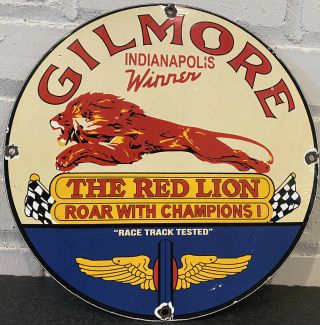 Vintage Gilmore Gasoline Porcelain Sign Pump Plate Motor Oil Gas Station Lion