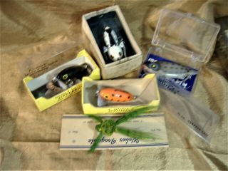 2 Old Boxed Jitterbugs,  Tiny Old Crazy Crawler,  Weber Frogable On Card,  Vib - R - Fin