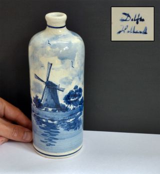 Vintage Handpainted Delft Pottery / Ceramic Bottle With Windmill Design.  