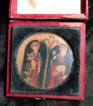 Antique French Miniature Picture Medieval Religious Portrait In Case Box Icon