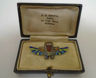 Vintage Art Deco 800 Silver & Enamel Egyptian Revival Pharaoh & Wings Brooch