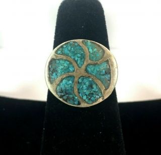 Vintage Sterling Silver Ring Turquoise Stone Inlay Round Sun Petite Sz 6 925