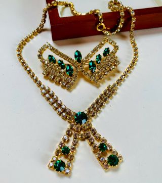 Vintage Jewellery Sparkling Green/clear Rhinestone Necklace/brooch/pin