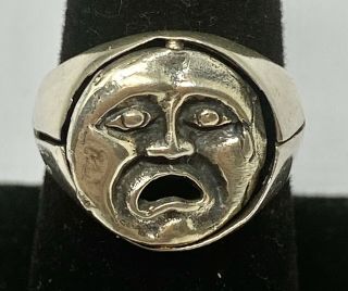 Vtg Sterling “laugh Now,  Cry Later” Ring W/rotating Center Face Sz 7.  25 (7.  1g)