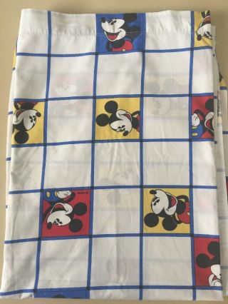 Vtg Mickey Mouse Blue White Checkered Flat Twin Sheet Quilting Crafting Fabric