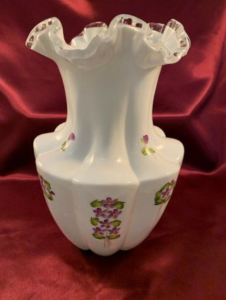 Vintage Large Fenton Hand Painted Milk Glass Clear Crest Violets Snow Vase