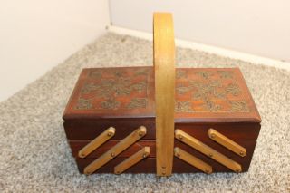 Vintage Accordion Fold Out 3 Tier Sewing Storage Wood Caddy Box W/ Accessories