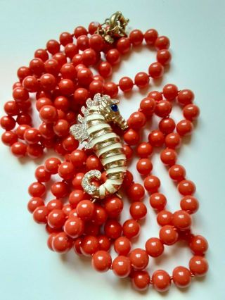 Qsigned J.  Crew Vintage Style Faux Coral Bead Rhinestone Seahorse Long Necklace