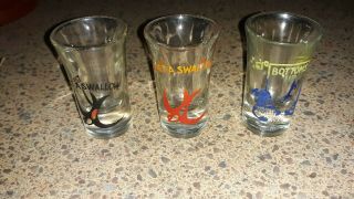 Vintage Shot Glass Set Of 3 Bottoms Up & (2) Just A Swallow Glasses 3 " Tall