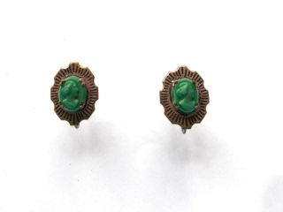 Vintage Art Deco Bronze Tone Green Glass Cameo Lady Screw Fasten Earrings
