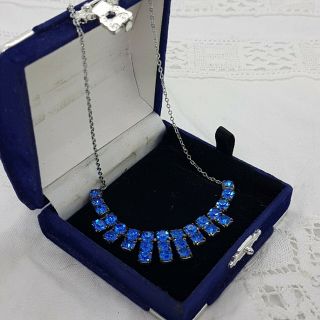 Vintage Art Deco Style Necklace Blue Sparkly Collar Length Flapper Gatsby Party