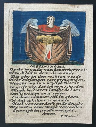 Engraving Antique 18th Century Holy Card Hand Paint On Paper Wound Feet