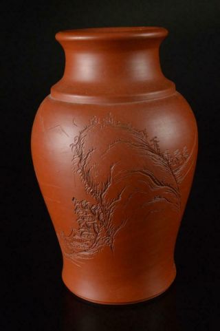Z9704: Japanese Banko - ware Brown pottery FLOWER VASE Ikebana,  auto w/signed box 2
