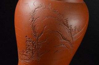 Z9704: Japanese Banko - ware Brown pottery FLOWER VASE Ikebana,  auto w/signed box 3