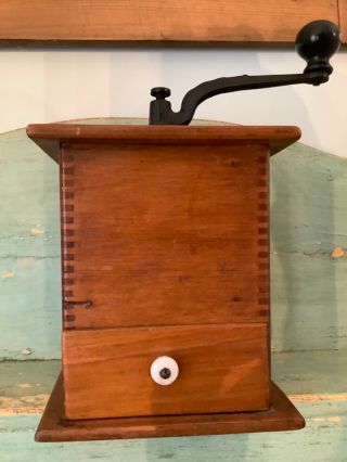 Antique Tall Wood & Cast Iron Coffee Grinder Dove Tail Hand Crank Primitive