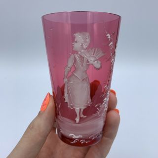 Antique Bohemian Mary Gregory Enamel Woman Fan Cranberry Glass Cup Tumbler