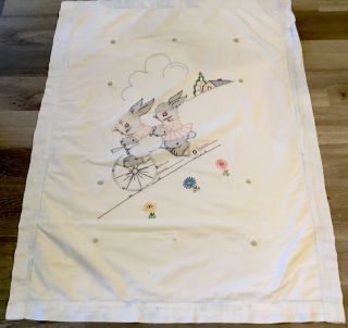 Vintage Crib Quilt,  Hand Made,  Embroidered Flowers,  Bunnies,  House,  Sky,  Tied