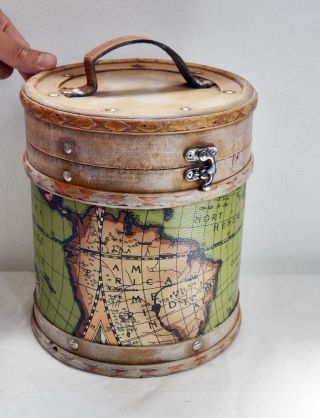 Wonderful Wooden Round Container With Map Design - Vintage Styled Storage Box