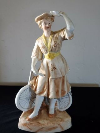 Antique German Bisque Porcelain Figurine By Gebruder Heubach Girl With Bicycle