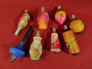 Vintage C 6 Glass Figural Christmas Lights With Cord Santa Bird Lanterns