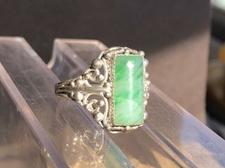 Antique Vintage Chinese Export Silver Filigree Icy Green Jade Ring