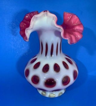 Vintage Fenton Cranberry Opalescent Coin Dot Ruffled Top Vase