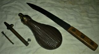 Antique Civil War Era Copper Powder Flask Brass Measurers & Hunting Knife Vafo