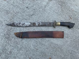 Antique Brass & Hand Carved Wooden Handle Forged Steel Blade Sword With Scabbard