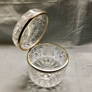 Vintage Heavy Pressed Glass Round Jewelry/trinket Coffin Box Gold Metal Hinged