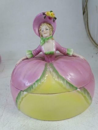 Antique Pink Yellow Porcelain Powder Vanity Trinket Box Jar Half Doll Germany